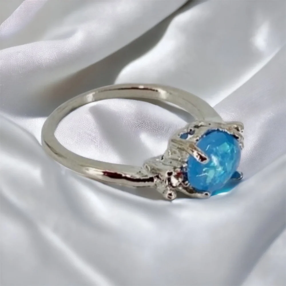 Women’s Blue Fire Opal Ring With Cubic Zirconias 14K White Gold Band